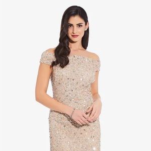 Adrianna Pappell - Off The Shoulder Sequin Beaded Gown in Champagne